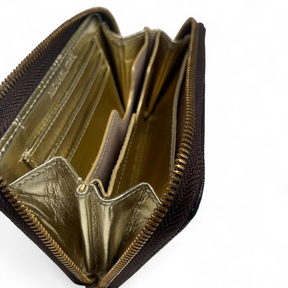 Michael Kors Small Monogram Zip Around Wallet Brown Leather Gold Logo Plate - Picture 8 of 8